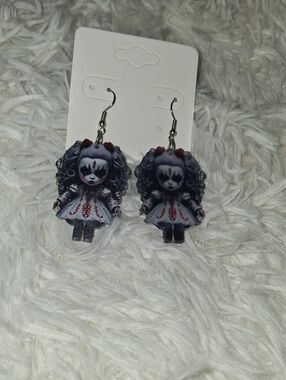 Gothic Doll Drop Earrings - Black & White with Red Accents